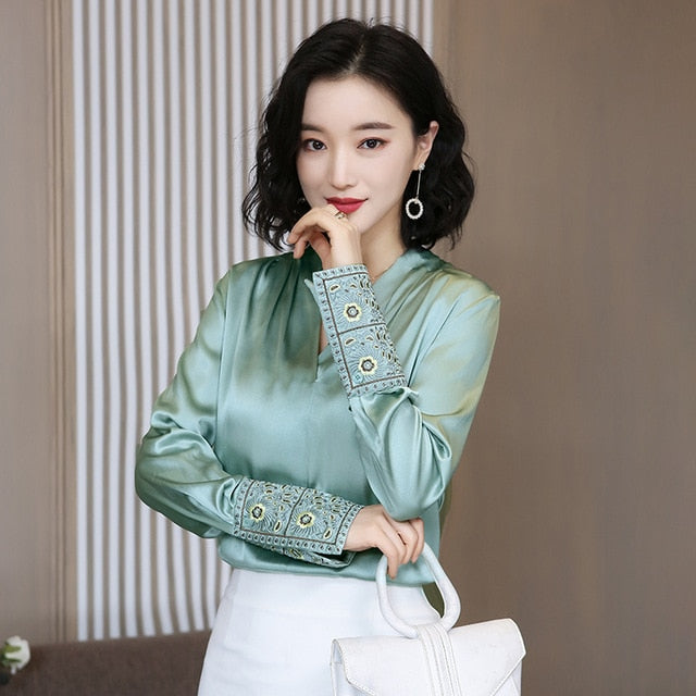 Women's Korean Silk and Satin Blouse Long Sleeve Embroidery Tops and B ...